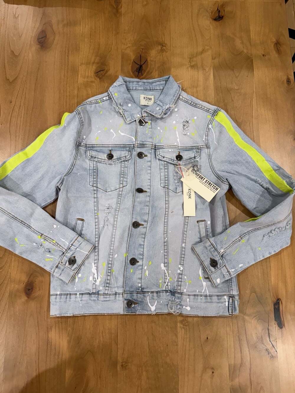 KDNK Light Blue Distressed Denim Jacket with Neon Lime Stripes and Paint Splatte